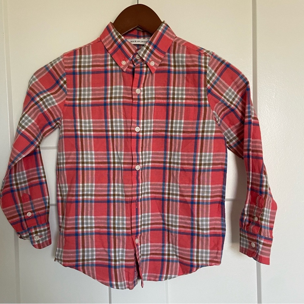 Janie and Jack Boys  "Croquet Club" Salmon Linen & Cotton Plaid Oxford Shirt - 6